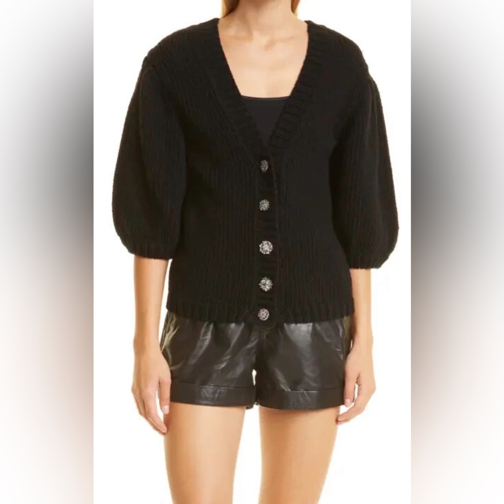 ✨🖤 ba&sh Cropped Knit Puff Sleeve Cardigan Jeweled Buttons Sz S 🖤✨